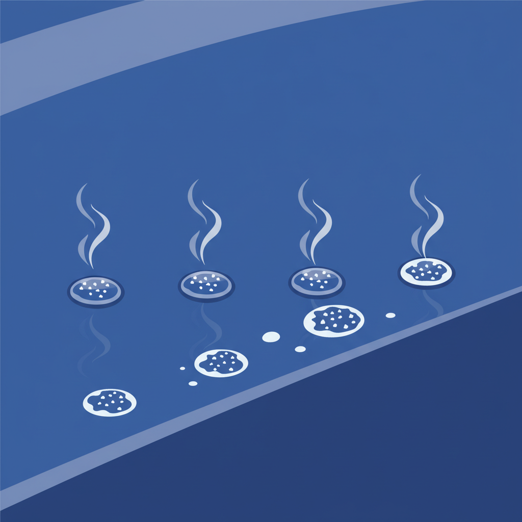 A clean, modern flat illustration in an infographic style, depicting the formation of water spots on car paint. Show a small section of a glossy car paint surface. On the surface, several clear water droplets are visible. From these droplets, subtle upward-pointing vapor lines or stylized clouds indicate evaporation. Within the remaining, shrinking water droplet outlines, tiny, concentrated white mineral particles are left behind, forming distinct circular white residue spots directly on the paint surface, illustrating the process clearly.