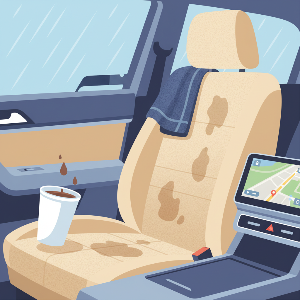 A vibrant, modern flat illustration depicting the interior of a car, specifically focusing on the passenger seat area. The seat, which appears to be light-colored fabric, has several distinct, dried water stains. Around the seat, visual elements suggest common causes: a slightly tilted coffee cup with a few drops spilling onto the seat, faint rain streaks on an adjacent car window indicating an open window, and a silhouette of a damp towel placed carelessly on the seat. The overall scene conveys the common problem of water stains in an automobile, emphasizing the typical situations that lead to them. The colors should be clean and bright, with subtle shadows to give depth.