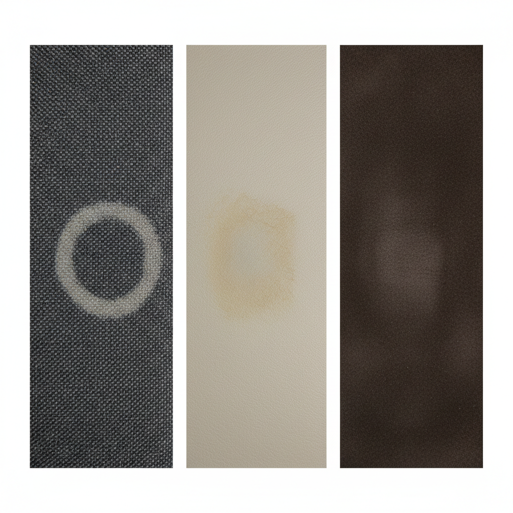 A highly detailed, professional photo-realistic rendering or digital painting showcasing a comparative close-up of three different car seat materials, arranged side-by-side. The first displays textured fabric with a prominent, dried water ring. The second features smooth, light-colored leather showing a dull, slightly discolored patch where water has dried. The third illustrates Alcantara or a suede-like material with a subtle yet noticeable change in pile direction and sheen from a dried water mark. Each material clearly demonstrates how water stains manifest uniquely, highlighting the importance of identification. Soft, even lighting emphasizes texture and stain visibility.