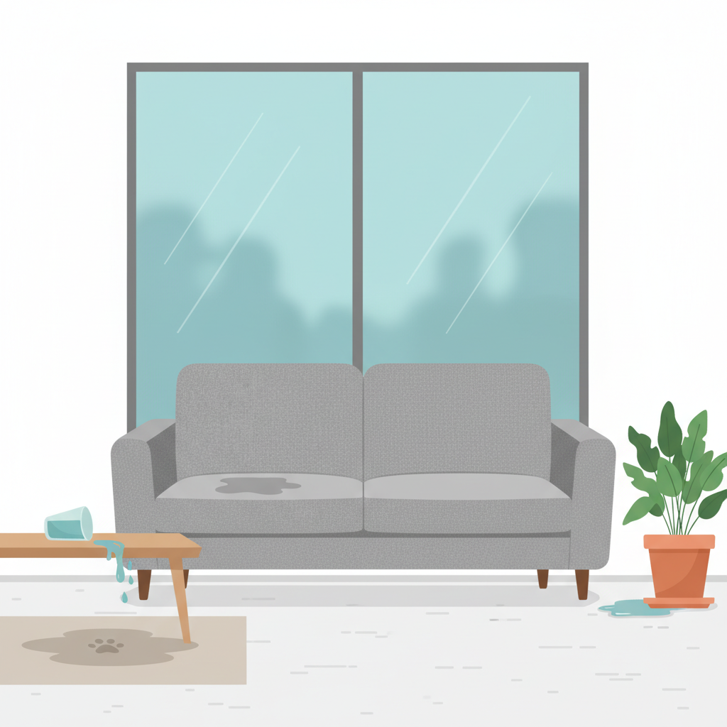 A vibrant, flat illustration depicting a modern grey fabric sofa in a minimalist living room. Various subtle elements around the couch symbolize common causes of water stains: a tipped glass of water with a droplet trail, a paw print subtly visible near a damp spot, a window with condensation marks in the background, and a plant pot with an overflowing saucer. The central focus is a distinct, slightly darker water stain on one of the couch cushions, illustrating its presence. The overall style is clean, vector-based, and informative, suitable for a blog post.