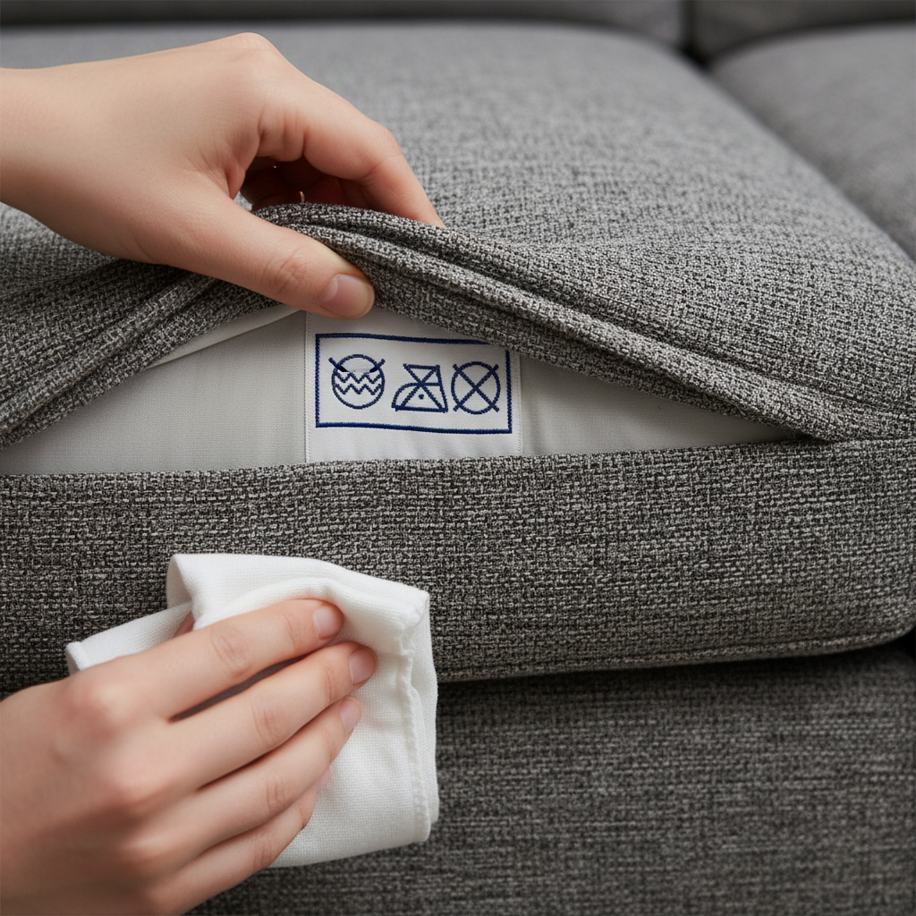 A high-angle, professional photo showing a close-up of a human hand gently lifting a couch cushion to reveal a fabric care label. The label features universal cleaning symbols like a circle with 'W', a circle with 'S', a combined 'W/S' symbol, and an 'X' symbol, depicted abstractly without actual letters to avoid text. In the foreground, another hand carefully dabs a small, barely visible test spot on the underside of the couch fabric with a clean white cloth. The texture of the fabric is clearly visible, emphasizing the importance of material testing. The lighting is soft and natural.