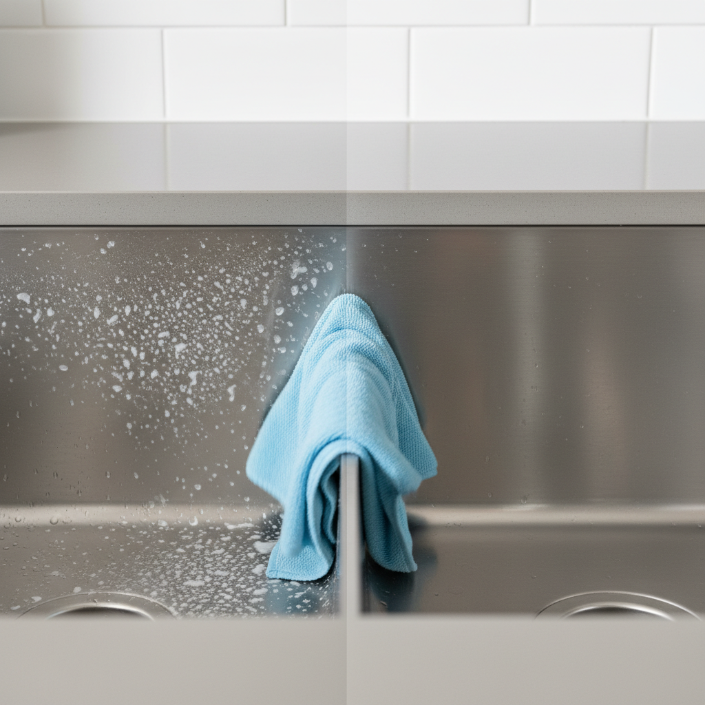 A split-scene professional photograph showcasing a stainless steel kitchen sink or appliance. On the left side, the stainless steel surface is visibly marred by numerous white, chalky water spots, appearing dull and unkempt. On the right side, the same surface gleams brightly, perfectly clean and highly reflective, free of any stains. A soft, clean microfiber cloth is gently wiping the invisible dividing line between the two states, suggesting the cleaning process. The lighting emphasizes the dramatic transformation from tarnished to sparkling.