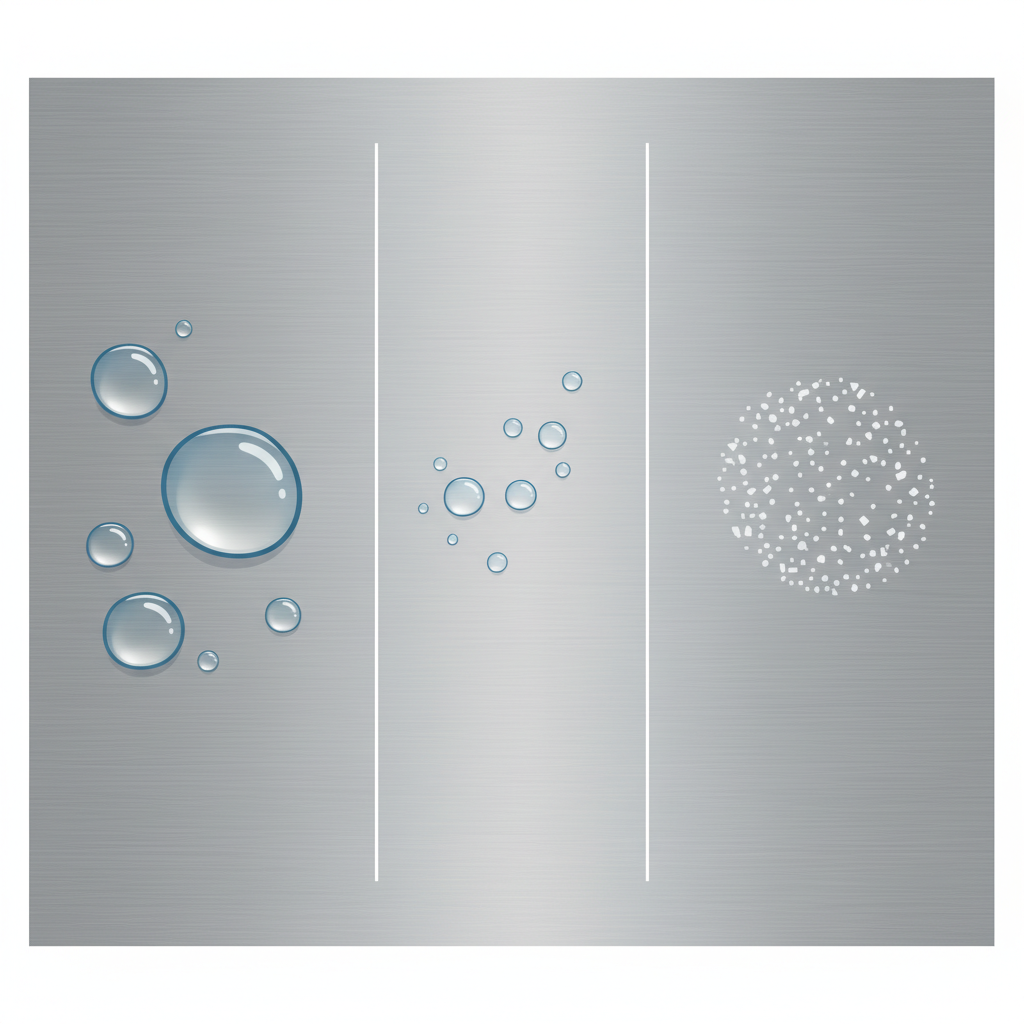 A conceptual flat illustration or infographic style image depicting the formation of water spots on stainless steel. The scene shows a close-up section of a brushed stainless steel surface. Transparent water droplets are initially visible on the surface. As the image progresses, the water droplets diminish, showing the process of evaporation. Tiny, abstract mineral particles (represented by small, distinct shapes like white or light grey specks) are left behind on the steel surface where the water once was, clearly illustrating the residue causing the spots. The stainless steel itself should have a subtle, brushed texture.