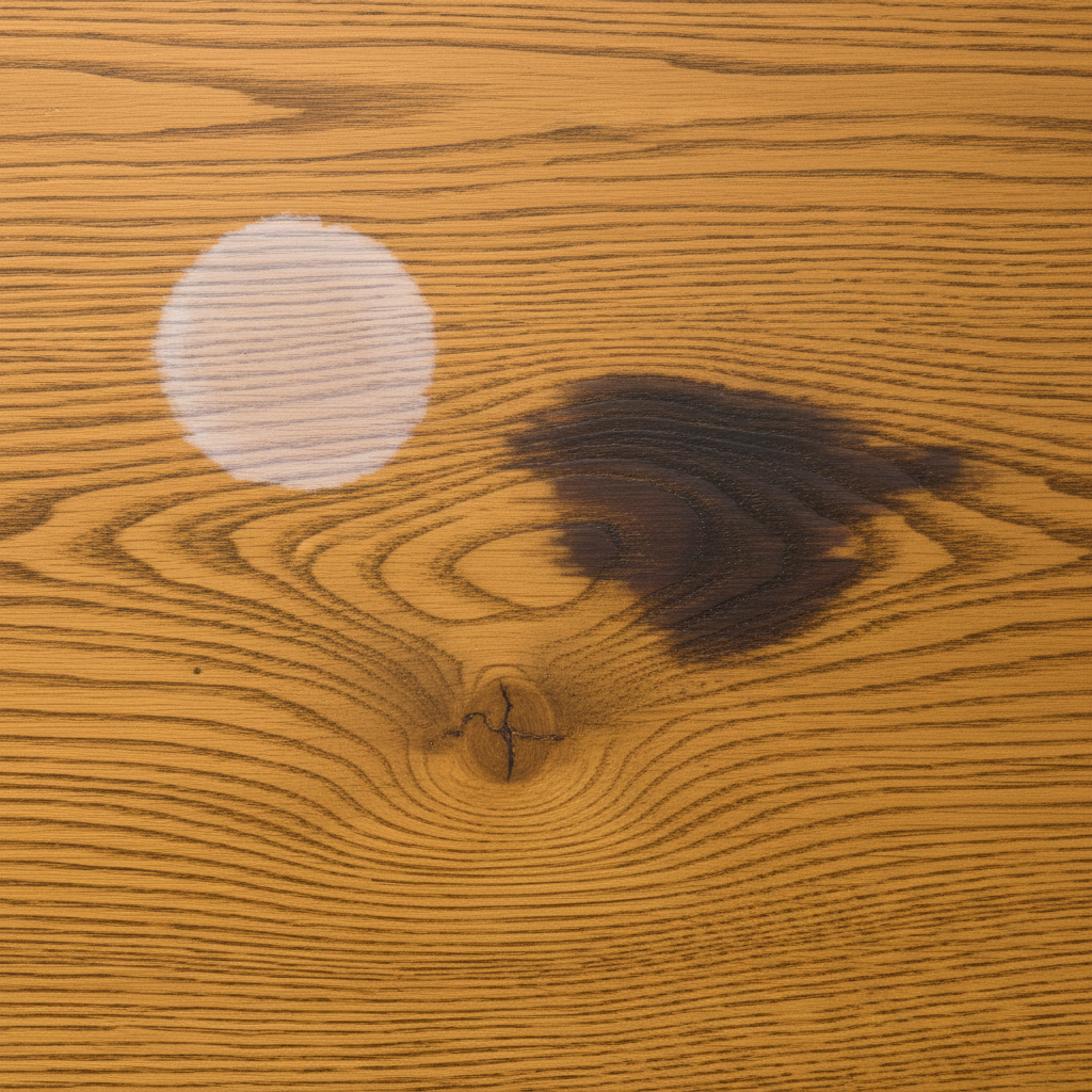 A high-resolution, professional close-up photo of an oak wood surface, possibly a polished tabletop or a section of flooring. The image clearly showcases two distinct types of water damage. On one part, there's a prominent light, whitish, hazy ring stain, indicative of a superficial issue. Adjacent to it, a darker, almost black, irregularly shaped water stain is visible, suggesting deeper penetration into the wood's grain. The rich texture and natural grain of the oak wood should be clearly visible around and within the stains, emphasizing the damage.