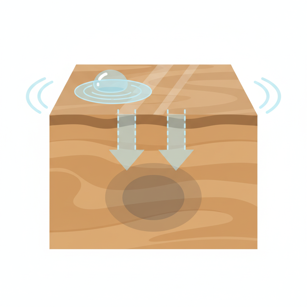 A clean, modern flat illustration depicting a simplified cross-section of an oak wood plank. On the upper surface, a single, clear water droplet or a small pool is visible. Subtle visual cues, like translucent downward arrows or a light ripple effect, illustrate the water penetrating the protective top layer and then seeping into the wood fibers below. This penetration causes a subtle discoloration or a muted dark spot within the wood's internal structure, symbolizing the formation of a water stain. The wood's grain is simplified but recognizable within the cross-section.