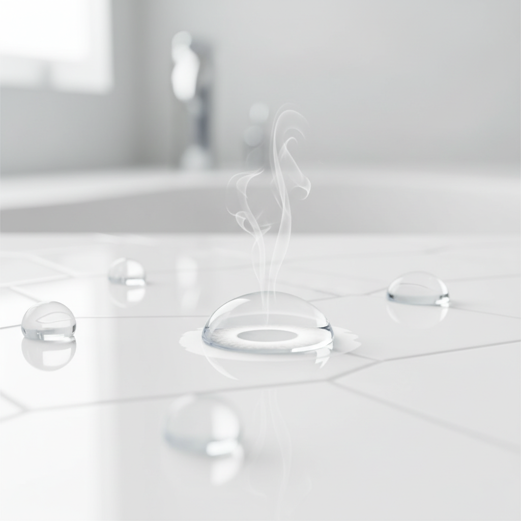 A detailed close-up, infographic-style illustration depicting the microscopic process of water stain formation on a smooth, light-colored ceramic tile surface. Show several clear water droplets. One droplet should be visibly evaporating, leaving behind a subtle, white or translucent mineral residue in the shape of a ring or dried spot. Emphasize the distinct contrast between the liquid water and the delicate, dried mineral deposit. The background should be clean and subtly hint at a bathroom or kitchen environment. The overall aesthetic should be modern, clean, and scientifically informative.