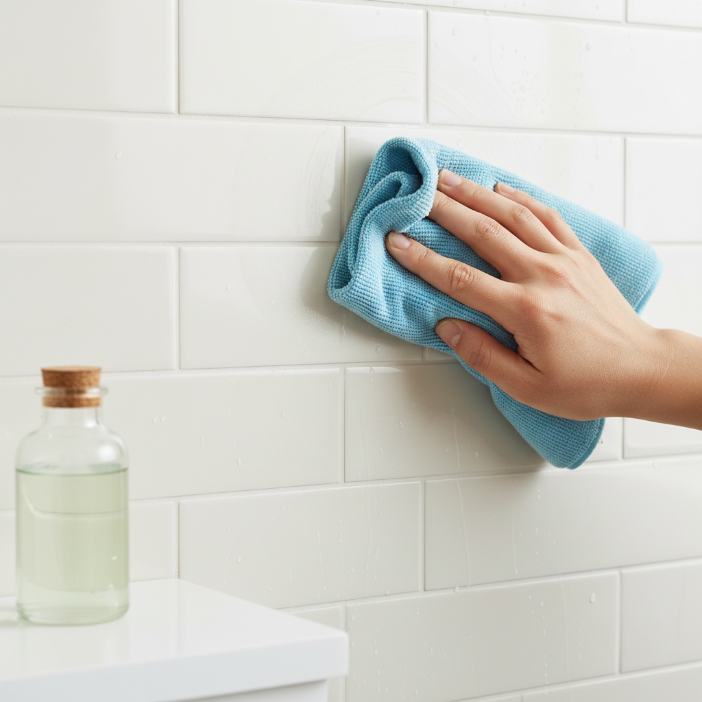 A professional, brightly lit lifestyle photo focusing on a hand effectively cleaning bathroom wall tiles. The tiles are light-colored, and some show visible but not overly dramatic water spots or mineral build-up. A human hand (gender-neutral skin tone) is holding a generic, soft cleaning cloth or sponge, actively wiping a stained section of the tiles. In the periphery, a small, unbranded, clear bottle or container could be subtly present, representing a home cleaning solution. The scene conveys a sense of ease and effectiveness, with a clean and fresh atmosphere.