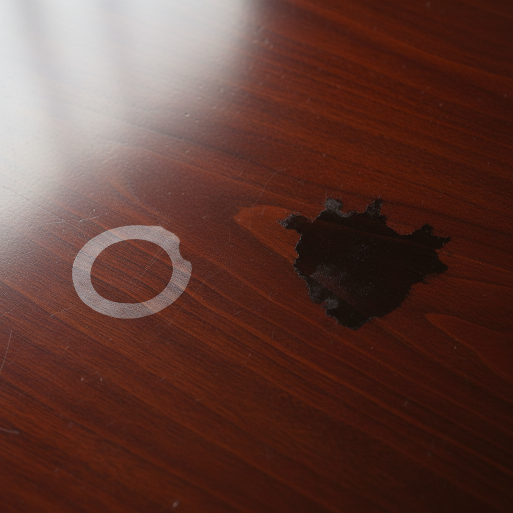 A close-up, professional photo of a polished wooden veneer surface, such as a tabletop. The image prominently displays two distinct water stains. On one side, a clear, milky-white, circular ring stain sits on the surface, implying a superficial issue. On the other side, a deeper, darker, irregular black stain is visible, appearing to penetrate further into the wood. The surrounding wood is glossy and pristine, highlighting the damage. The lighting is soft and natural, emphasizing the visual contrast and texture of the wood grain and the stains. This image clearly differentiates between the two types of water marks.