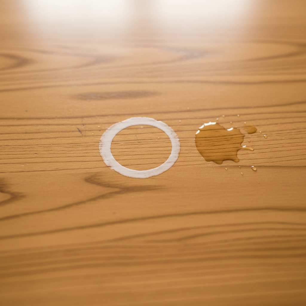 A close-up, warm-toned professional photo focusing on a beautifully crafted wooden veneer tabletop. A prominent, white, circular water stain is clearly visible where a glass once sat. Nearby, a subtle, glossy wet spill mark suggests a recent accident, perhaps a few drops of water still shimmering on the polished surface. The wood grain of the veneer is visible through the stain, emphasizing its delicate nature. The overall atmosphere should be slightly melancholic but solvable, highlighting the common problem.