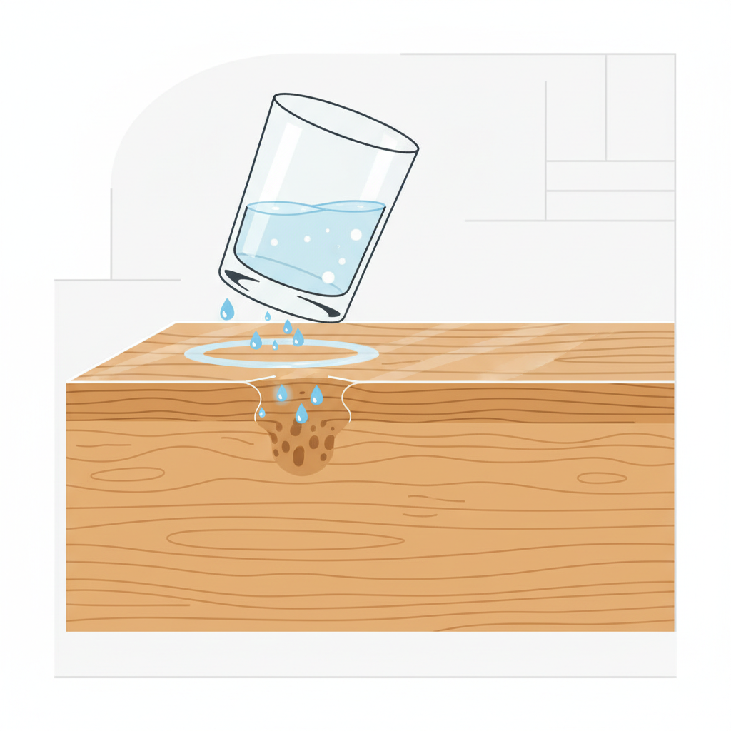 A modern flat illustration showing a cross-section of a veneered furniture piece. The illustration clearly depicts a thin top layer (veneer) adhered to a thicker base layer. On the surface of the veneer, a transparent glass with condensation has just been lifted, leaving a visible, faint circular water ring forming. Microscopic, subtle blue droplets are shown artistically interacting with and beginning to penetrate the protective finish layer of the veneer, visually representing the initial stages of a white water stain's formation. The background is simple, emphasizing the wood structure and the water interaction.