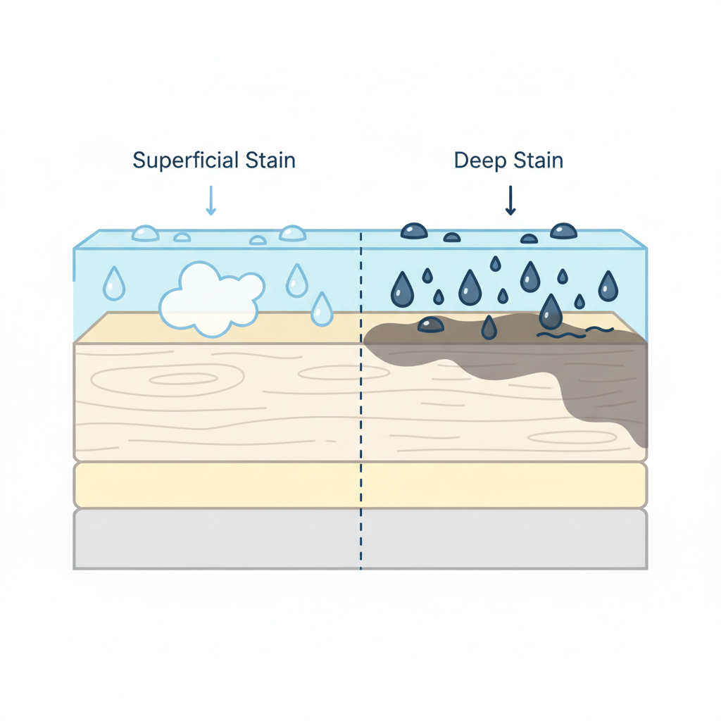 A clear, clean infographic-style illustration depicting a cross-section of a veneer surface. On the left side, show water penetrating only the topmost protective sealant layer, creating a distinct white discoloration just below the surface, representing a superficial white water stain. On the right side, show water having permeated deeper, past the sealant into the thin wood layer and perhaps even slightly into the adhesive, resulting in a darker, more extensive discolored area. Use distinct but complementary colors for the different layers and water effects.