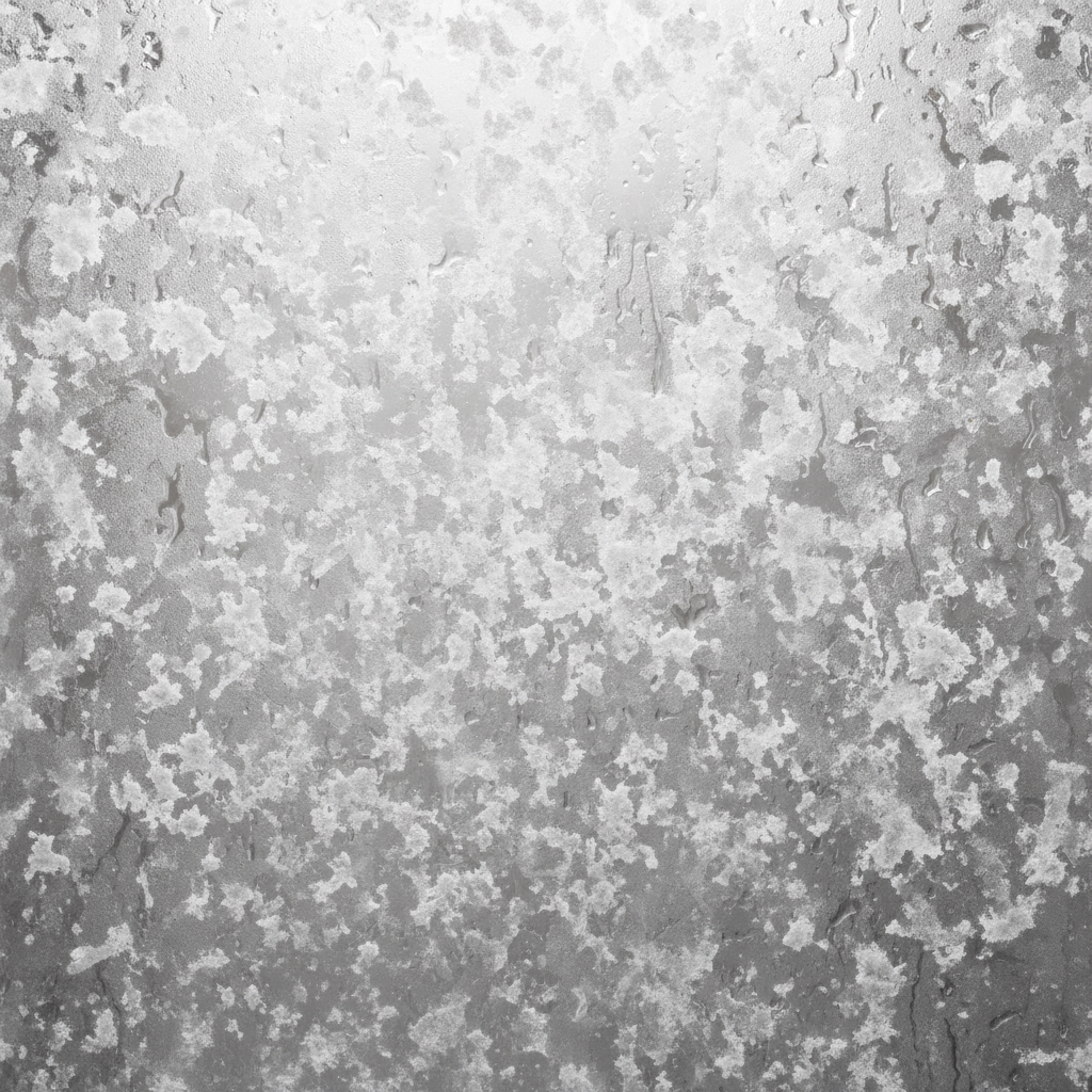 A close-up, high-detail professional photo of a clear glass surface, like a shower door or window pane. The glass is marred by numerous milky white and slightly opaque water spots and limescale residues, clearly contrasting with the areas that are still clean. Subtle hints of evaporating water vapor can be seen rising from tiny water droplets, leaving behind minute, crystalline mineral deposits that coalesce into the visible stains. The overall impression is one of dullness and lack of clarity on the affected glass. The lighting should emphasize the texture and opacity of the stains.