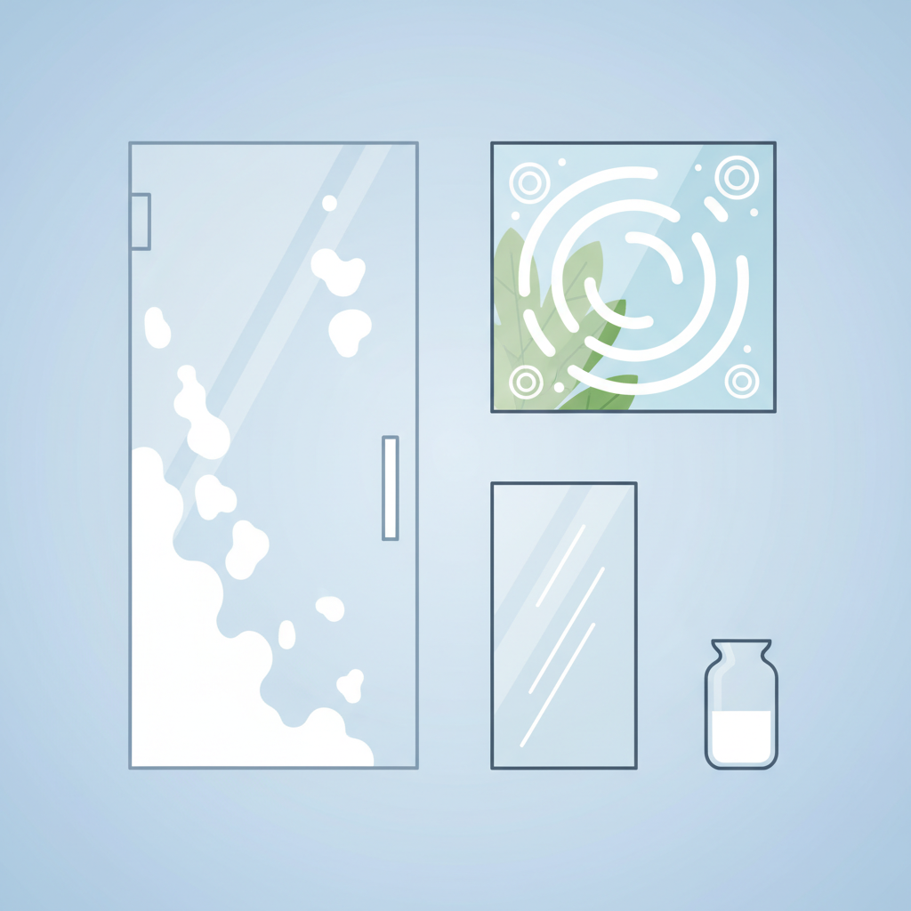 A modern, clean flat illustration depicting various common glass surfaces affected by water stains. The scene features a segment of a shower door with milky spots, a window pane showing circular rain marks, a bathroom mirror with streaky mineral deposits, and a drinking glass or vase with a cloudy waterline. Each object should distinctly display white or opaque water stains, visually representing the problem across different contexts. The overall composition should be bright and informative, highlighting the contrast between clean and stained areas, without showing any cleaning action.