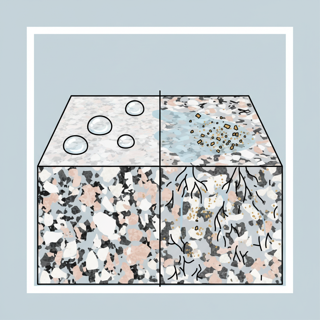 A detailed, modern infographic-style illustration depicting a cross-section of a granite countertop. On the left side, showcase a perfectly sealed granite surface, where water droplets are visibly beading up on the smooth, protective layer. On the right side, illustrate an unsealed or poorly sealed granite surface. Here, water is shown seeping into microscopic pores within the stone. Tiny mineral deposits, represented by small, abstract crystalline shapes, are left behind as the water evaporates from these pores, visually forming a ring-like stain on the surface and within the stone's matrix. The overall aesthetic should be clean, informative, and visually explain the porosity concept.