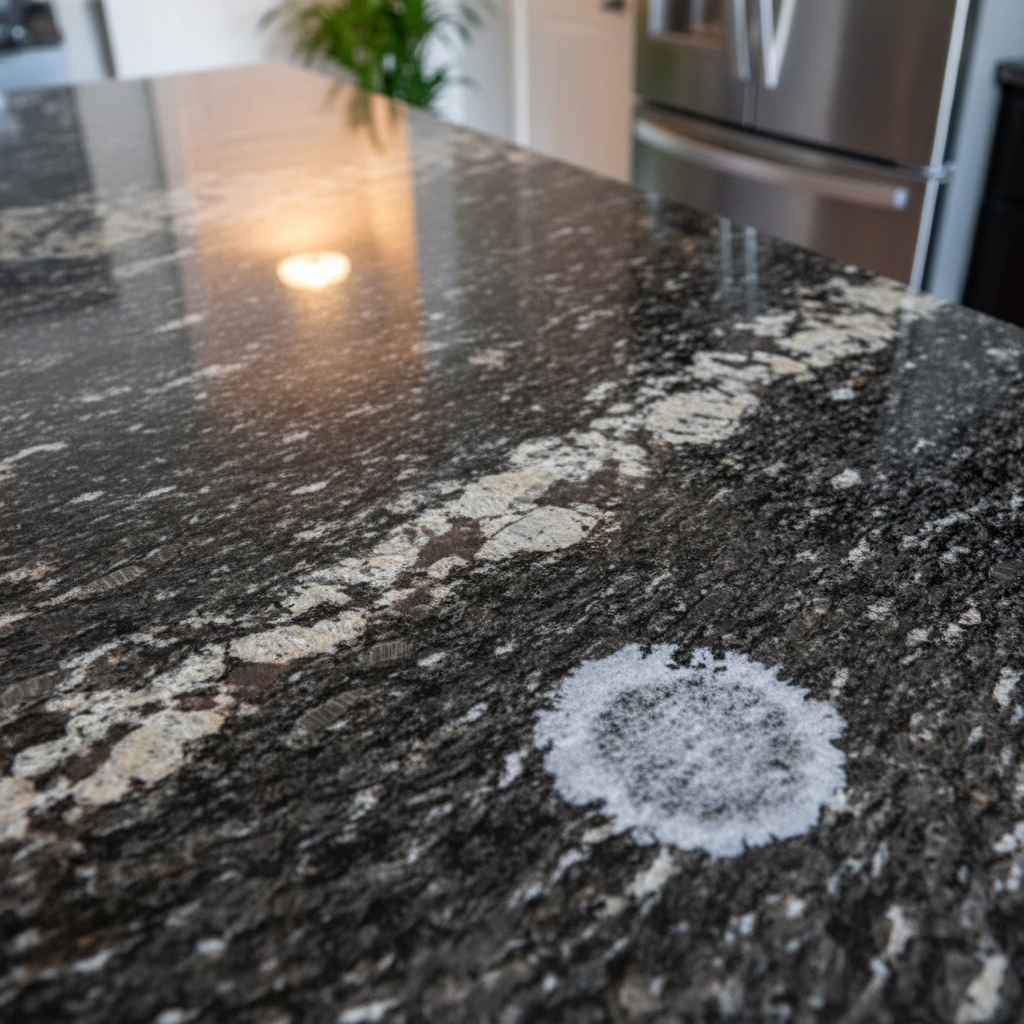 A professional, close-up photo-realistic illustration of an elegant granite kitchen countertop. The composition should clearly highlight the contrast between a pristine, polished section and an area marred by a water stain. On one side, the dark, rich granite gleams, reflecting ambient light from a window or overhead fixture. On the adjacent section, a subtle, cloudy ring-shaped water stain or a light mineral deposit haze is distinctly visible on the surface. The scene should convey the common issue of watermarks on a beautiful, everyday household surface, emphasizing the aesthetic impact of the stain.