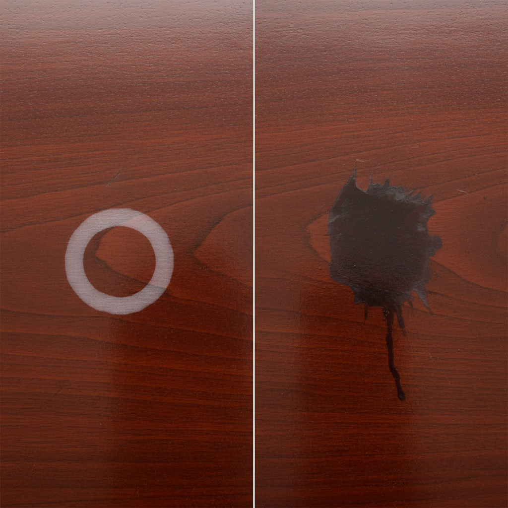 A professional, crisp photograph featuring a split-screen or side-by-side comparison on a single piece of polished wooden furniture. On the left side, a clear, distinct white, milky ring-shaped water stain is visible on the wood's surface, indicating a superficial mark. On the right side, a darker, almost black, deep-set, irregular water stain is shown, possibly with slight discoloration extending into the wood grain, suggesting deeper penetration. The wood itself should have visible grain and a polished finish. The focus is purely on the contrast between the two types of stains, illustrating their appearance without any repair in progress.