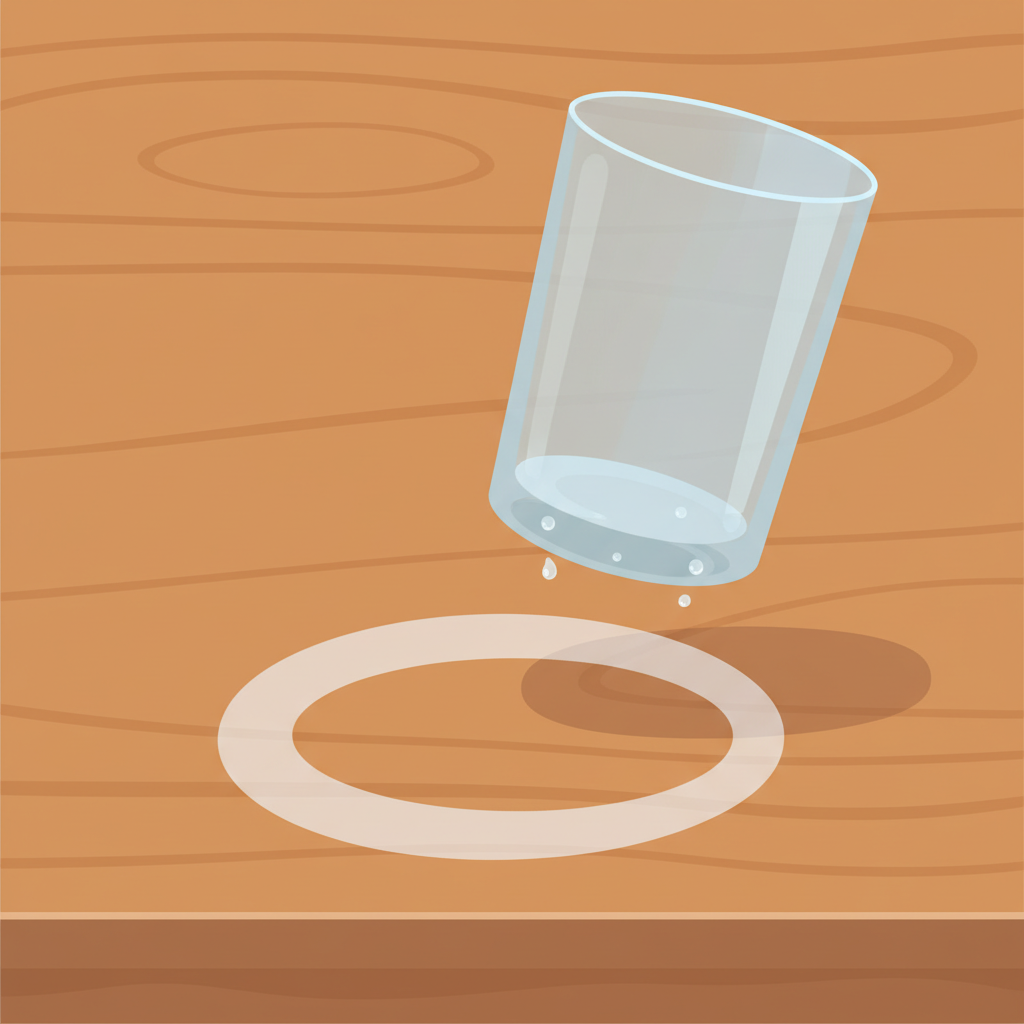 A clean, modern vector illustration depicting a scenario where a water stain has just occurred. A section of a warm-toned wooden tabletop is shown, with a subtle wood grain visible. A translucent glass or cup, still slightly damp, has been recently lifted from the surface, leaving behind a distinct, circular, light-colored (white or slightly milky) water ring stain directly on the wood. The surrounding area of the tabletop is pristine, highlighting the fresh, visible stain as the central problem. The style is clear and uncluttered, emphasizing the cause and immediate effect.