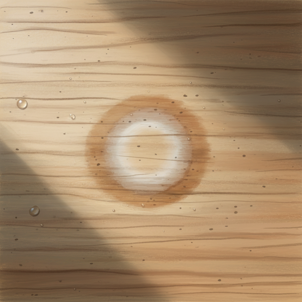 A close-up, eye-level shot of a beautiful, natural light brown untreated wooden tabletop. The wood grain is clearly visible, showcasing its porous texture. In the center, a prominent circular water stain is visible, featuring both a lighter, hazy ring and a slightly darker outer edge, indicative of different stain types. A few smaller, subtle water droplets could be scattered around the main stain, hinting at the cause. The focus is entirely on the stained wood, emphasizing its vulnerability and the visual impact of the water damage. Realistic digital painting style with soft, natural lighting.
