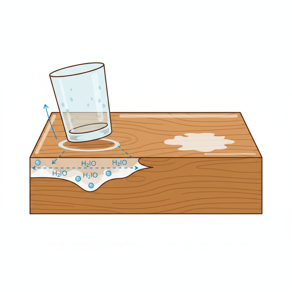 A detailed flat illustration showing a cross-section of a wooden tabletop. On the left, a glass with condensation has just been lifted, leaving a fresh, translucent, circular water mark on the wooden finish. A subtle, diagrammatic overlay illustrates water molecules penetrating the clear top coat of the wood finish, causing it to become cloudy. On the right, an older, more pronounced milky white water stain is clearly visible on the same type of wooden surface, contrasting with the smooth, untreated wood areas. The illustration uses natural wood tones and clear, precise lines.