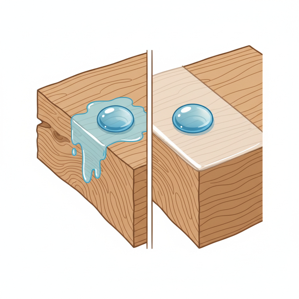An illustrative diagram in a clean, infographic style, depicting a cross-section or split view of two identical pieces of wood. On the left, 'untreated wood' shows visible, open wood fibers and a water droplet partially absorbed, creating a small, diffused wet area. On the right, 'treated wood' shows a smooth, sealed surface layer over the wood fibers, with a water droplet perfectly beaded up on top, not penetrating the surface. The contrast clearly highlights the protective barrier on treated wood versus the porosity of untreated wood. Clean lines, simple color palette focusing on wood tones and blue water.