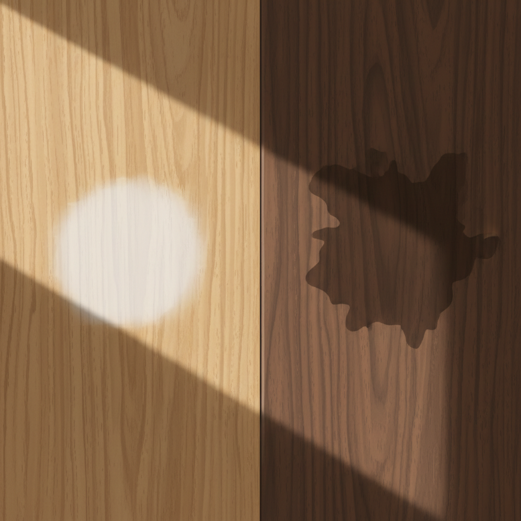 A realistic illustration depicting two distinct types of water stains on different sections of a wooden surface. On the left, a light-colored wooden panel (e.g., light oak) displays a prominent, milky white or hazy circular water stain on its surface, indicating superficial damage to the protective finish. On the right, a dark-colored wooden panel (e.g., walnut or mahogany) showcases a deep, dark, almost black, irregularly shaped water stain, suggesting that the moisture has penetrated deeper into the wood fibers themselves. The illustration emphasizes texture and natural lighting for contrast.