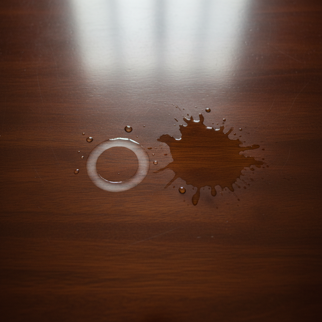 A professional, high-angle photo of a polished, dark lacquered wooden tabletop. On one side, a pristine, reflective surface. On the other, a prominent, milky white ring stain is clearly visible where a cold glass once sat, with a few remaining water droplets nearby. Adjacent to it, a slightly larger, darker, blotchy stain suggests a recent liquid spill. The overall scene conveys the stark contrast between undamaged and water-damaged wood, illustrating common causes like condensation and un-wiped spills. The focus is on the damage itself, highlighting the varied appearance of watermarks.