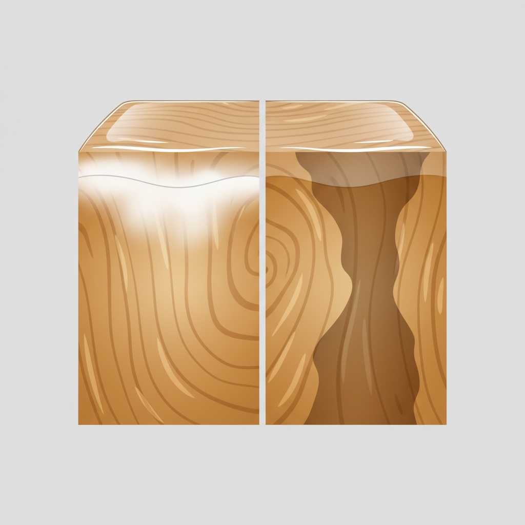 A clean, infographic-style illustration depicting a conceptual cross-section of lacquered wood, illustrating two distinct types of water damage. On the left, a magnified segment shows a subtle, milky white haze just beneath the clear lacquer layer, indicating superficial moisture penetration. On the right, a contrasting segment displays a darker, more deeply penetrated stain reaching into the actual wood grain below the lacquer, suggesting significant damage. The illustration uses subtle color variations and layering to clearly differentiate the healthy wood, the protective lacquer, and the two types of water stains, emphasizing their depth and nature for easy visual distinction.