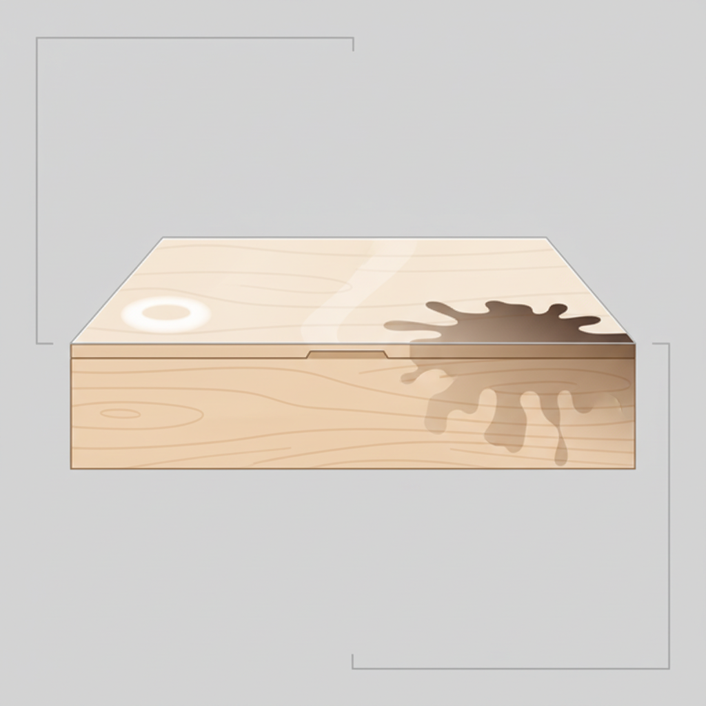 A detailed, clear infographic-style illustration depicting a cross-section of a light-colored wooden floor plank. The plank should be visibly composed of layers, representing the wood itself and the protective finish (e.g., lacquer or oil). On one side of the plank, a subtle, milky white ring water stain is shown, visibly affecting only the topmost finish layer, not penetrating the wood. On the other side, a darker, more prominent water stain is depicted, clearly penetrating through the finish and deep into the wood grain. The contrast between the superficial white stain and the deeply absorbed dark stain should be visually prominent, emphasizing the different levels of damage. The overall aesthetic should be modern and educational.