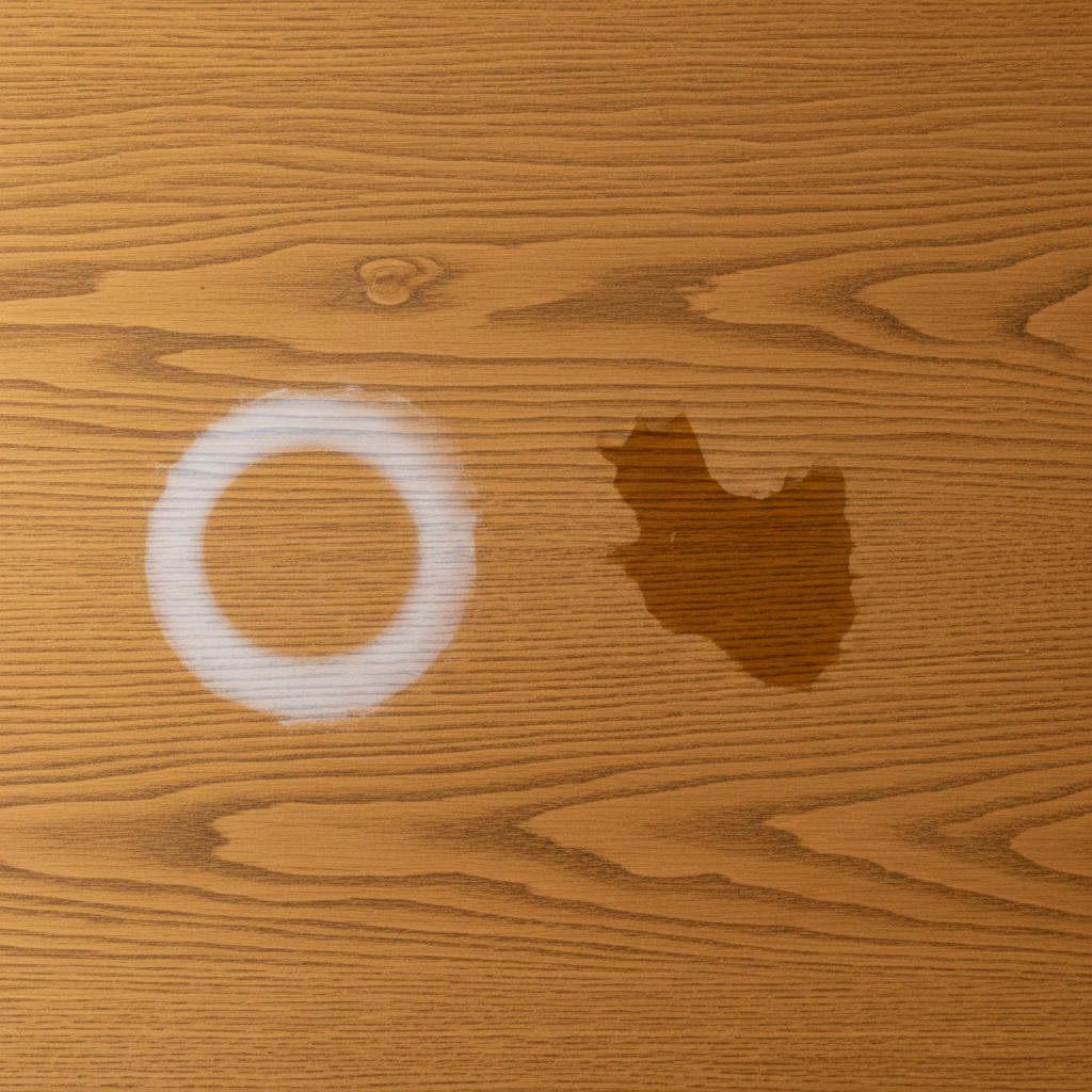 A close-up, top-down professional photo of a warm-toned wooden table surface. The table displays two distinct water stains: one is a prominent, milky white ring, indicative of a 'light stain,' perhaps with a slightly blurred glass imprint nearby. The other is a darker, more deeply embedded, irregularly shaped spot, suggesting a 'dark stain' that has penetrated the wood. The surrounding wood should appear well-maintained, highlighting the contrast with the damaged areas. Focus on realistic textures and natural lighting.