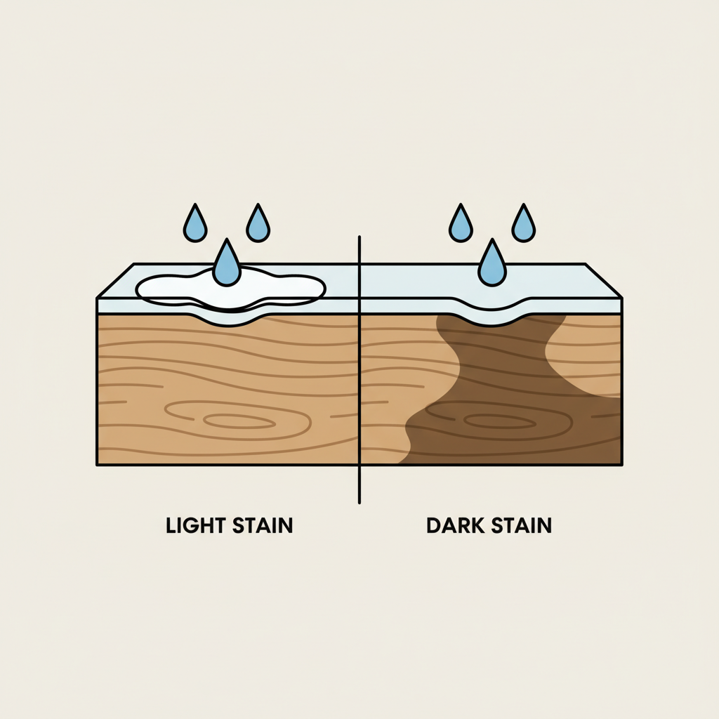 A clean, illustrative infographic-style diagram showing a cross-section of a wooden table surface. On one side, depict a 'light stain' where water is visibly affecting only the topmost transparent layer (representing wax or polish) with a milky white effect. On the other side, illustrate a 'dark stain' where water has penetrated through the top layer and deeply discolored the wood fibers below, showing a darker hue. The diagram should clearly distinguish these two types of damage with simplified, clear visual layers and a neutral background.