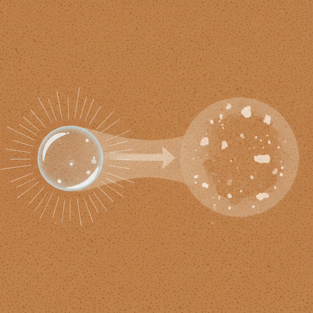 A detailed flat illustration depicting a close-up, magnified view of a piece of leather. On one side, a clear water droplet is shown landing on the textured leather surface, with subtle lines indicating its penetration into the material's pores. On the other side of the image, the water has evaporated, leaving behind a distinct, circular discoloration or 'water stain' that visually alters the leather's appearance, showcasing mineral deposits. The transition should clearly illustrate the process of stain formation.