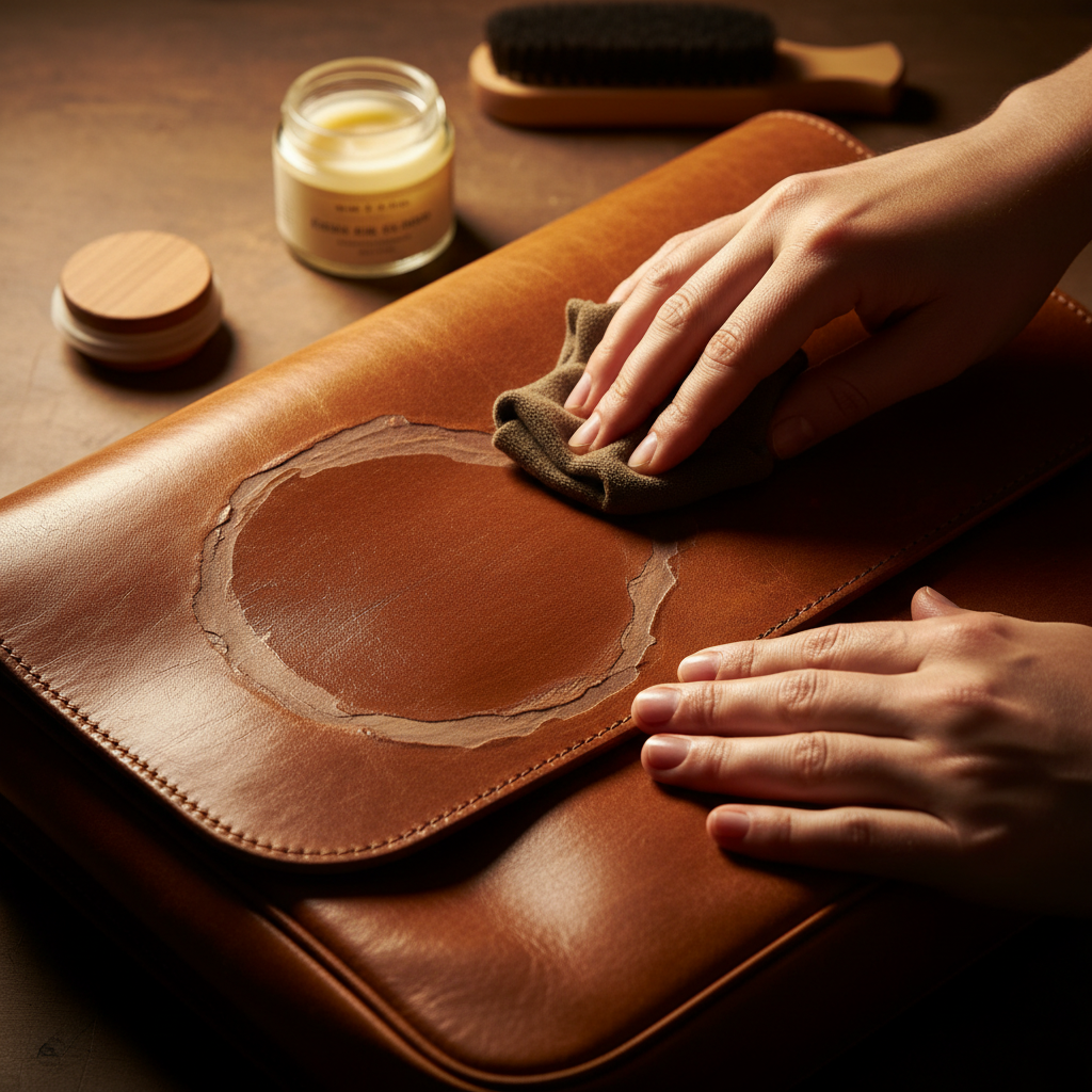 A professional, warm-toned photograph showcasing a person's hands gently treating a section of a high-quality leather item, such as a vintage leather armchair or a satchel. One part of the leather surface is visibly affected by a prominent water stain, while an adjacent area, already treated, appears pristine, smooth, and restored to its original luster. The lighting should highlight the tactile texture of the leather and the clear difference between the stained and clean areas, emphasizing successful restoration.