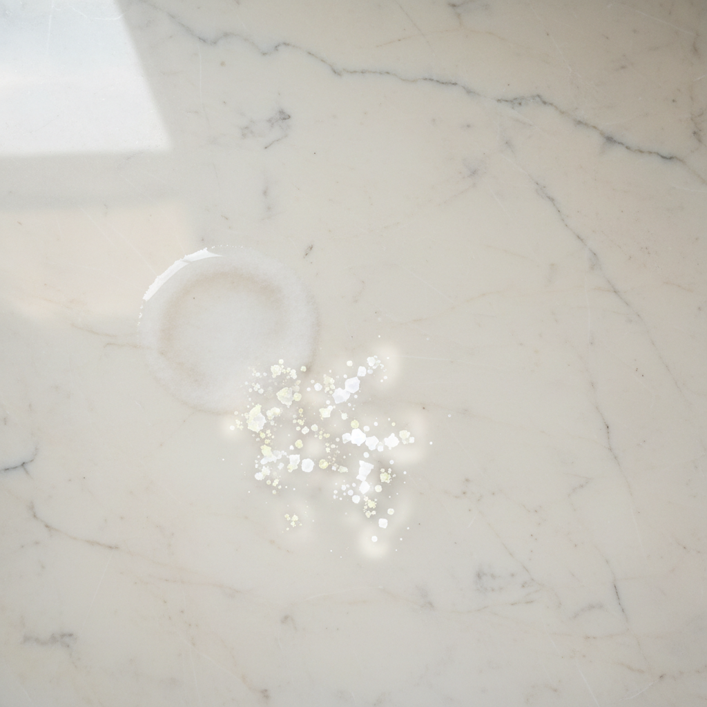 A close-up, high-angle professional photo of a luxurious, light-colored marble surface. A distinct, hazy white water ring or spot is visibly present on the polished stone, starkly contrasting with its otherwise pristine appearance. Superimposed subtly, or abstractly represented next to the stain, are microscopic crystalline structures or mineral deposits settling into the marble's porous texture, visually illustrating the cause of the stain. The image should convey both the inherent elegance of the marble and its vulnerability to water damage, highlighting the mineral residue.