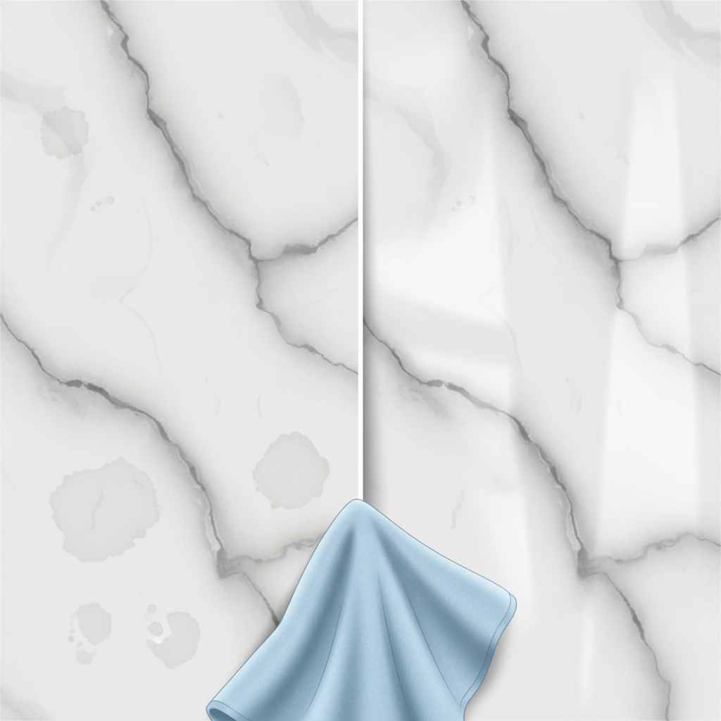 A visually engaging, split-panel infographic-style illustration demonstrating the restoration of marble. The left panel showcases a section of marble with dull, noticeable water stains or etch marks, appearing unpolished and damaged. The right panel displays the identical section of marble, now gleaming and perfectly restored, reflecting ambient light with a high polish and a renewed luster. A soft, clean microfiber cloth is gently positioned near the transition between the two states, subtly implying the cleaning process and effective care.