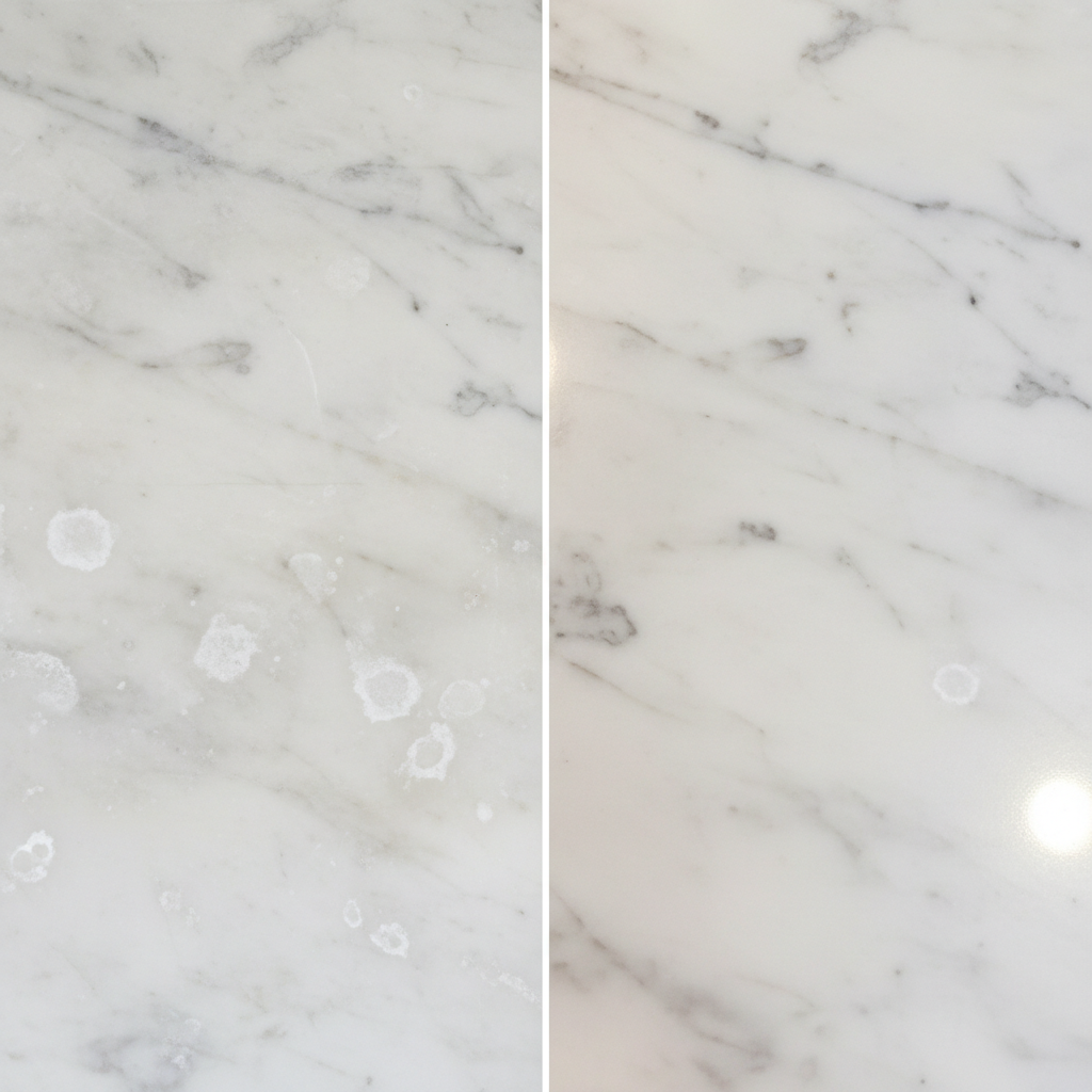 A close-up illustration depicting a natural stone countertop, possibly marble or granite, showcasing a 'before and after' effect. On the 'before' side, visible white, chalky water rings and hazy superficial stains mar the polished surface. The stone appears dull in this section. Transitioning to the 'after' side, the same stone is pristine, glossy, and impeccably clean, reflecting ambient light beautifully. The surface gleams, free of any imperfections, highlighting its restored elegance and natural beauty. The composition emphasizes the dramatic visual improvement. Style: Professional photo-realistic digital painting with a clean aesthetic.