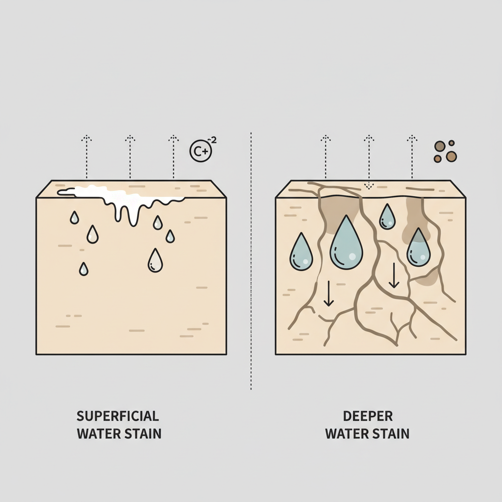 A simplified, cross-section infographic illustration detailing two types of water stains on natural stone. On one side, represent superficial water stains: tiny water droplets are shown evaporating from the stone's surface, leaving small, white mineral deposits (like calcium) as a layer on top of the stone's structure. On the other side, depict deeper water stains: water is shown seeping into the stone's visible pores, and upon evaporation, leaves darker, discolored mineral residues embedded deeper within the stone matrix. The illustration should use clear visual cues to distinguish the two mechanisms and their resulting appearance. Style: Flat illustration, infographic style with clear icons and clean lines.