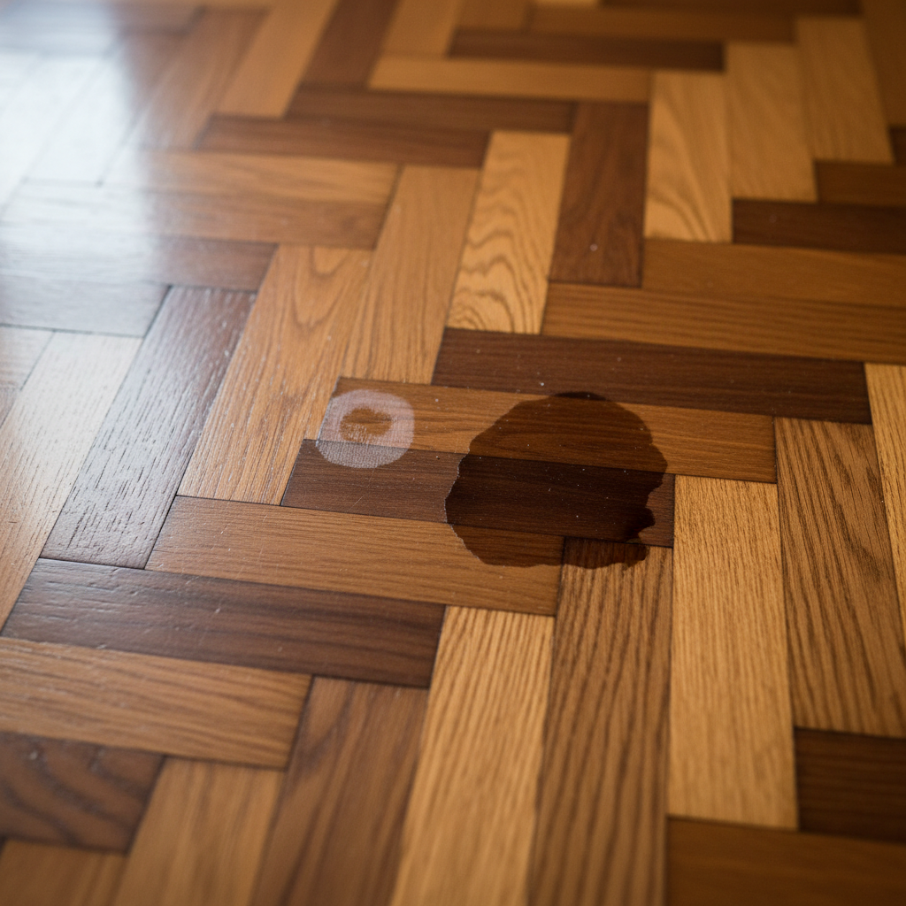 A close-up view of a beautifully maintained, glossy parquet floor made of warm-toned wooden planks. On the floor, there are two distinct types of water stains. One is a subtle, light white ring stain, indicating a recent spill like from a glass. The other is a slightly larger, darker, more embedded stain, suggesting deeper water absorption. The contrast between the pristine wood and these two imperfections should be clearly visible. Professional high-angle photograph, clean and crisp, emphasizing wood texture and natural light.
