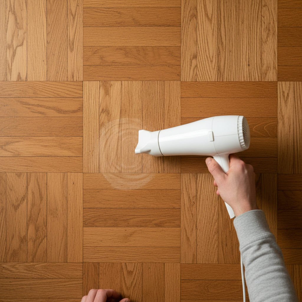 A pair of hands is carefully holding a hairdryer, pointing it at a small, light water ring stain on a polished parquet floor. The scene captures the gentle application of heat, with visible wood grain and the subtle sheen of the floor. The person's face is out of frame, focusing entirely on the action and the affected floor area. The hairdryer is positioned safely above the surface. Realistic, instructional photograph with soft ambient light, illustrating a practical step-by-step method.