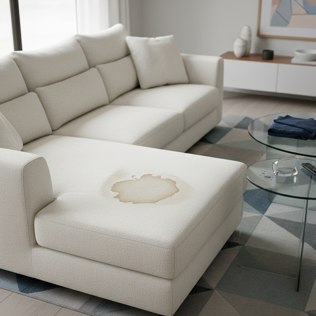 A professional, well-lit photo of a contemporary living room scene. A comfortable, light-colored fabric sofa is prominently featured. On one of the seat cushions, there is a clearly visible, dried water stain, appearing as a slightly darker ring or irregular patch, subtly marring the otherwise pristine surface. A glass, partially tipped over but not actively spilling, sits on an adjacent side table, implying a recent mishap. The overall atmosphere should convey a sense of a common household problem that needs attention.
