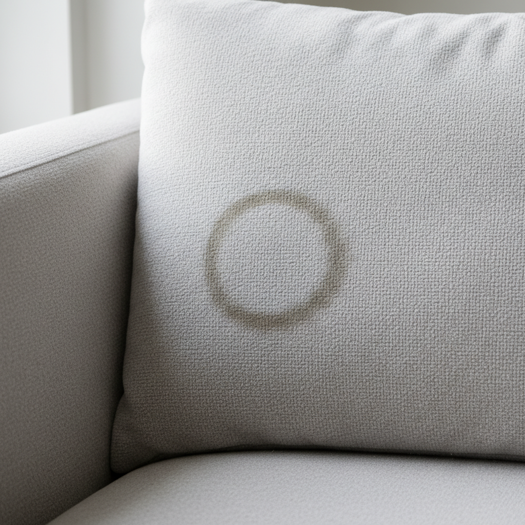 A close-up, professional photo of a modern fabric sofa, specifically a section of a cushion or armrest. A prominent, dried water stain is clearly visible, showing a distinct ring or an irregularly shaped discolored patch on the textile. The surrounding fabric should look clean, soft, and inviting, contrasting with the slightly stiff or altered appearance of the stained area. The lighting should be natural and highlight the texture of the fabric and the subtle change in sheen caused by the water mark. Focus on the visual impact of the blemish.