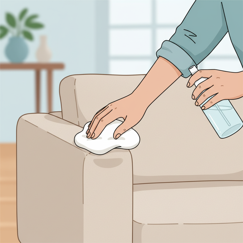 A clean, modern flat illustration depicting a person's hands meticulously performing a spot test on a sofa. One hand gently dabs a small, inconspicuous area (e.g., the back corner of a cushion or a hidden seam) of a light-colored fabric sofa with a clean white cloth or sponge. The other hand is holding a generic, unlabelled spray bottle or a small bowl containing a cleaning solution, positioned just out of frame or slightly blurred. The overall scene conveys careful, methodical preparation before full-scale cleaning, with a focus on safety and testing.