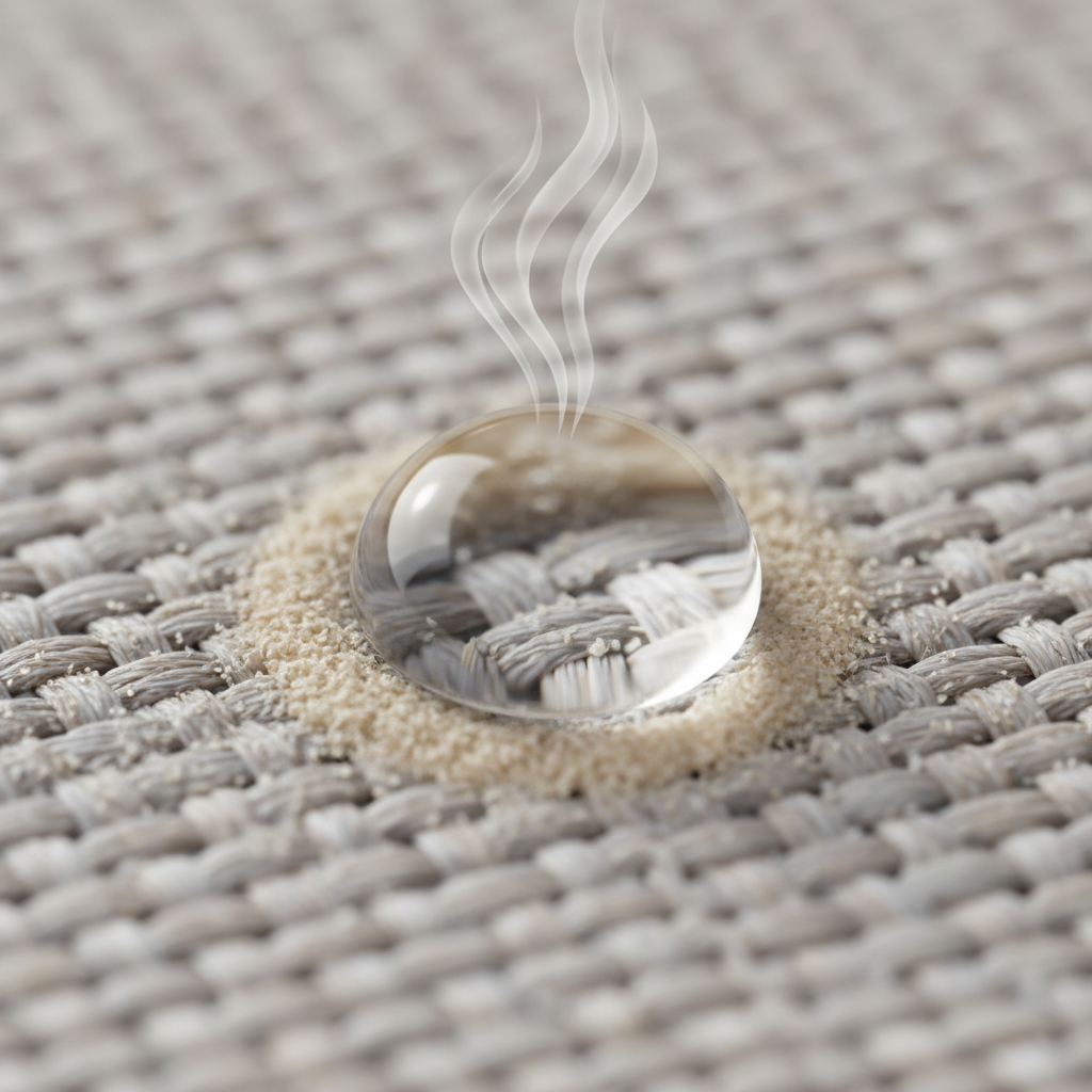 A close-up, slightly magnified view of a fabric surface. A clear water drop is in the process of evaporating, leaving behind a subtle, light-colored ring of mineral residue on the fabric. Microscopic details of the fabric fibers are visible, showing how the residue adheres. Subtle, illustrative vapor lines rise from the diminishing water droplet, emphasizing the evaporation process. The background is blurred, focusing attention on the water drop and stain formation. The overall illustration is clean and scientific, explaining the phenomenon visually, in a conceptual diagram, high-detail macro photography style illustration with soft, natural lighting.