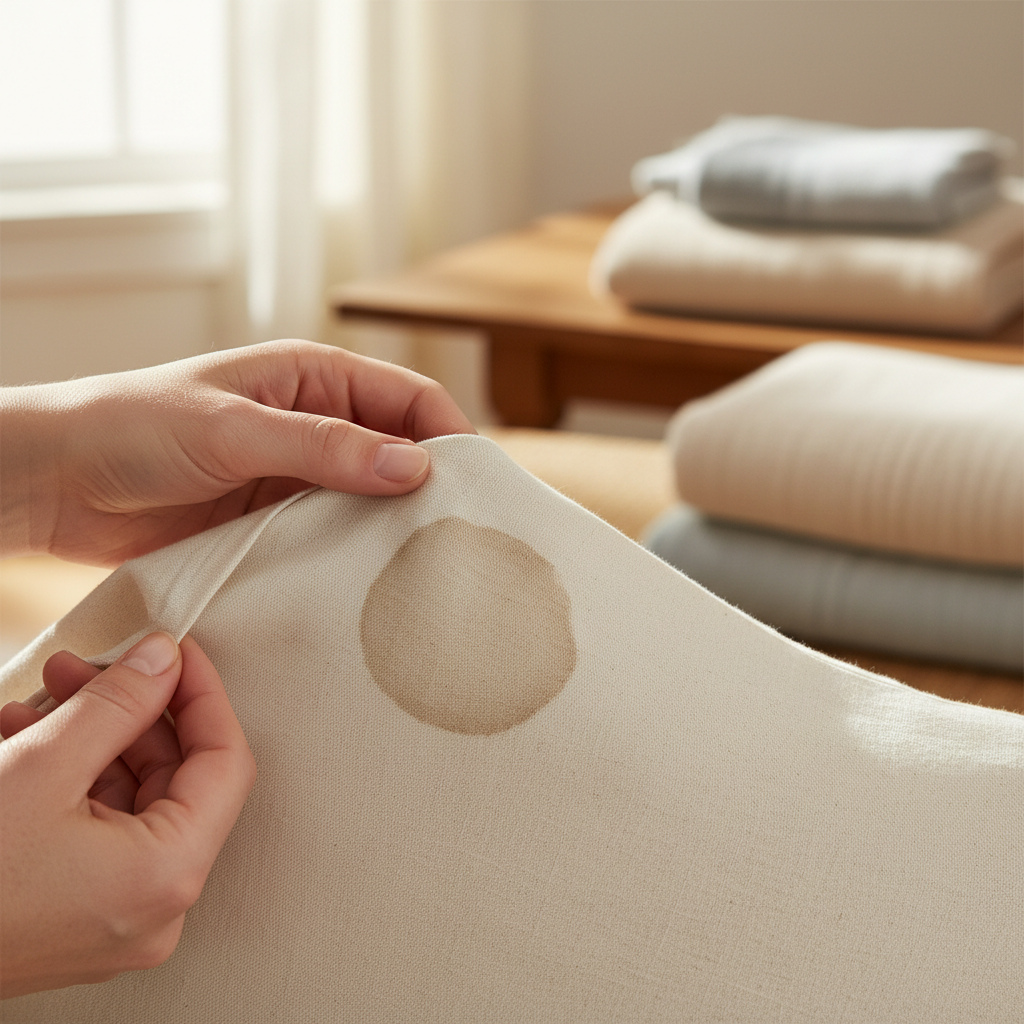 A professional photo depicting a person's hands gently examining a light-colored fabric, such as a cushion cover or a shirt sleeve, which clearly displays a dried, circular water stain. The hands are carefully inspecting the stained area, possibly with fingers gently touching the fabric's surface. The fabric should appear soft and ordinary, making the scene relatable to everyday textile care. The background is a subtly blurred, warm home environment, suggesting the context of addressing household stains. The lighting is soft and natural, highlighting the texture of the fabric and the stain, in a lifestyle photography style.