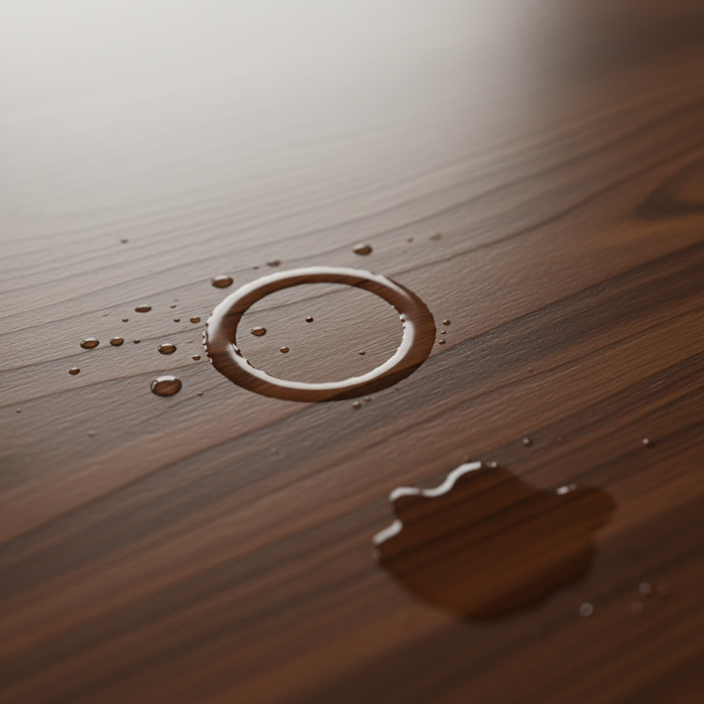 A close-up, top-down view of a beautiful, rich brown teak wood table surface. The surface displays various types of water stains: a prominent ring mark left by a glass with condensation, a few splattered droplets from rain, and a larger, irregularly shaped darker patch suggesting a spilled beverage. The overall impression is one of natural beauty slightly marred by common accidents, highlighting the need for restoration. Professional product photography with a shallow depth of field, focusing on the wood grain and stains, creating a realistic and relatable scenario.