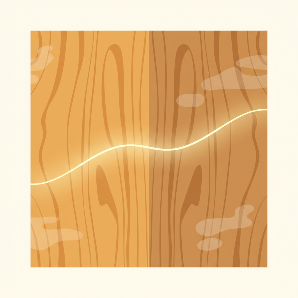 An elegant, minimalist flat illustration depicting a teak wood surface. One half of the surface is pristine, showcasing the warm, natural grain of perfectly maintained teak. The other half shows subtle, faded water marks and a slightly duller finish, representing the 'before' state. A gentle, soft glow or a subtle transition effect visually separates the two halves, implying a transformation or restoration. The composition should convey hope and the possibility of renewed beauty. Flat illustration with clean lines, soft textures, and a warm color palette.