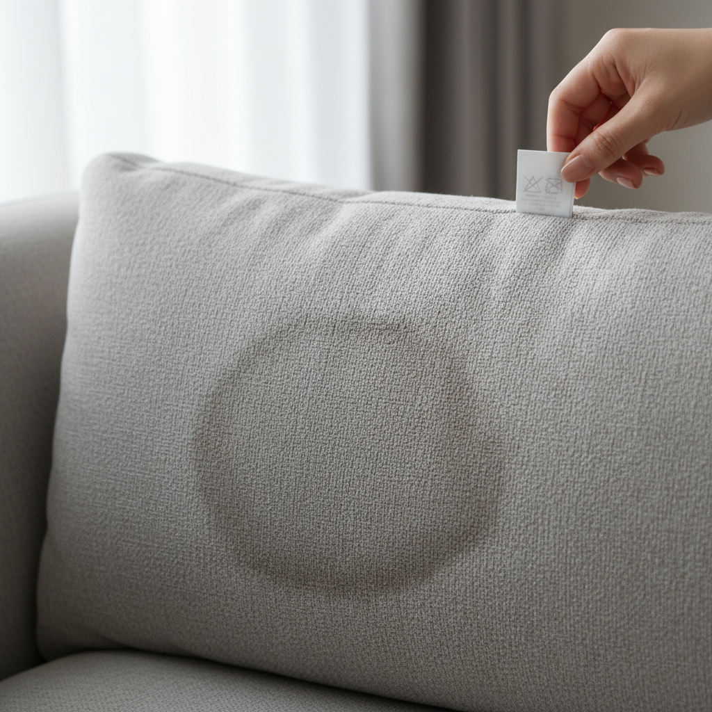 A realistic, high-resolution photo capturing a close-up of a stylish, light-grey fabric sofa cushion. A prominent, dried water stain forms an irregular ring on the surface, subtly darkening the fabric. In the background, a person's hand is visible, gently pulling out and examining a small, white care label tag attached to the sofa. The overall lighting is soft and natural, emphasizing the texture of the fabric and the visual impact of the stain, highlighting the initial step of assessing the sofa's material before cleaning.