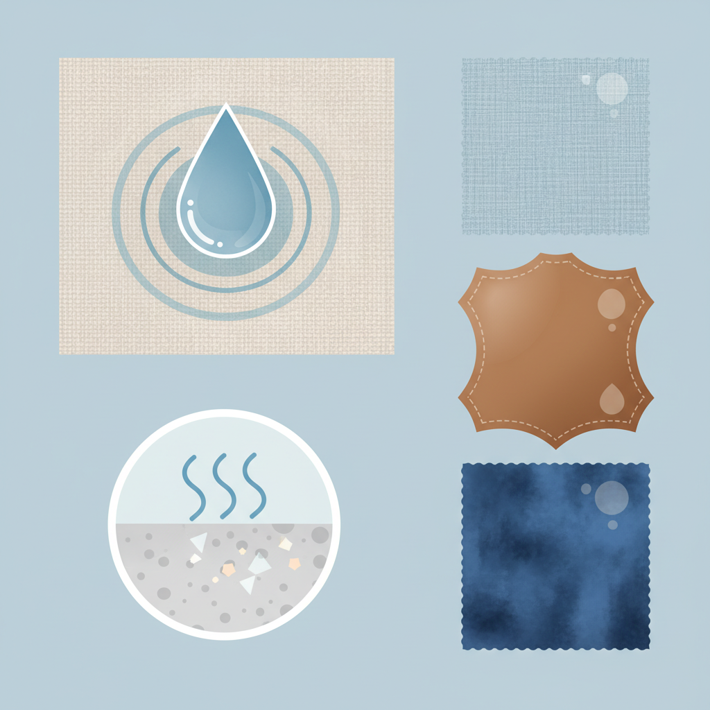 A clean and modern flat illustration depicting a conceptual overview of water stain causes and materials. The image is divided into a few visual sections. One section shows a stylized droplet of water impacting a textured fabric surface, leaving a subtle ring. Another section illustrates a slightly magnified view of water evaporating from a surface, leaving behind small, abstract mineral deposits. A third, smaller section shows iconic representations of different sofa materials: a swatch of textured fabric, a smooth piece of leather, and a plush velvet patch, suggesting their varying reactions to water. The color palette is muted and professional.