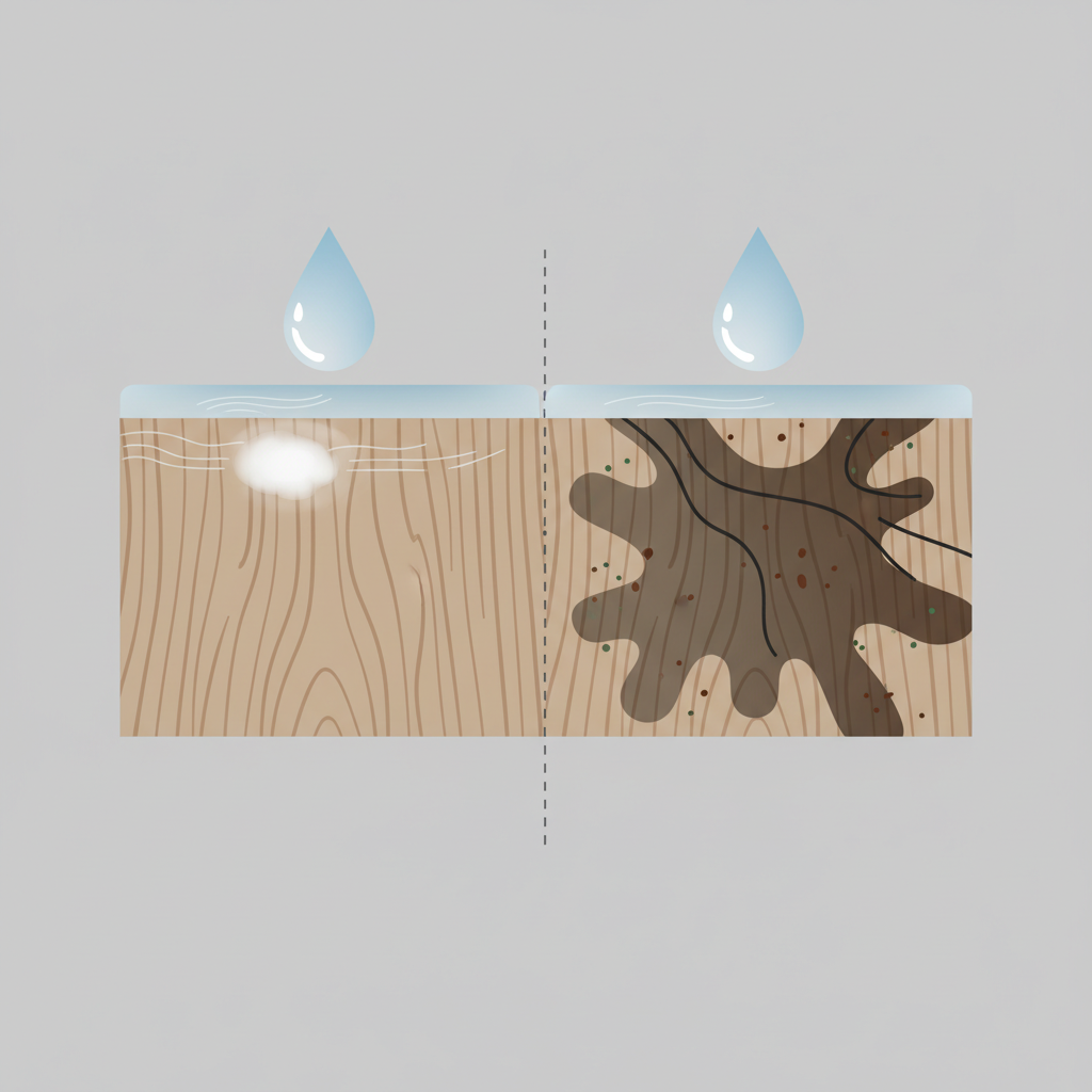 A detailed, clear infographic style illustration depicting a cross-section of a wooden surface. On the left side, show a 'white' water stain: a visible water droplet or spill on the surface, with moisture depicted as shallowly penetrating only the clear protective lacquer or oil layer, causing a cloudy, white discoloration within that top layer, above the natural wood grain. On the right side, illustrate a 'dark' water stain: another water droplet/spill, with moisture penetrating completely through the protective layer and deep into the wood fibers below, causing a darker, spreading discoloration within the wood itself, potentially with subtle visual cues for tannin reaction or mold. The wood grain should be clearly visible in both sections.