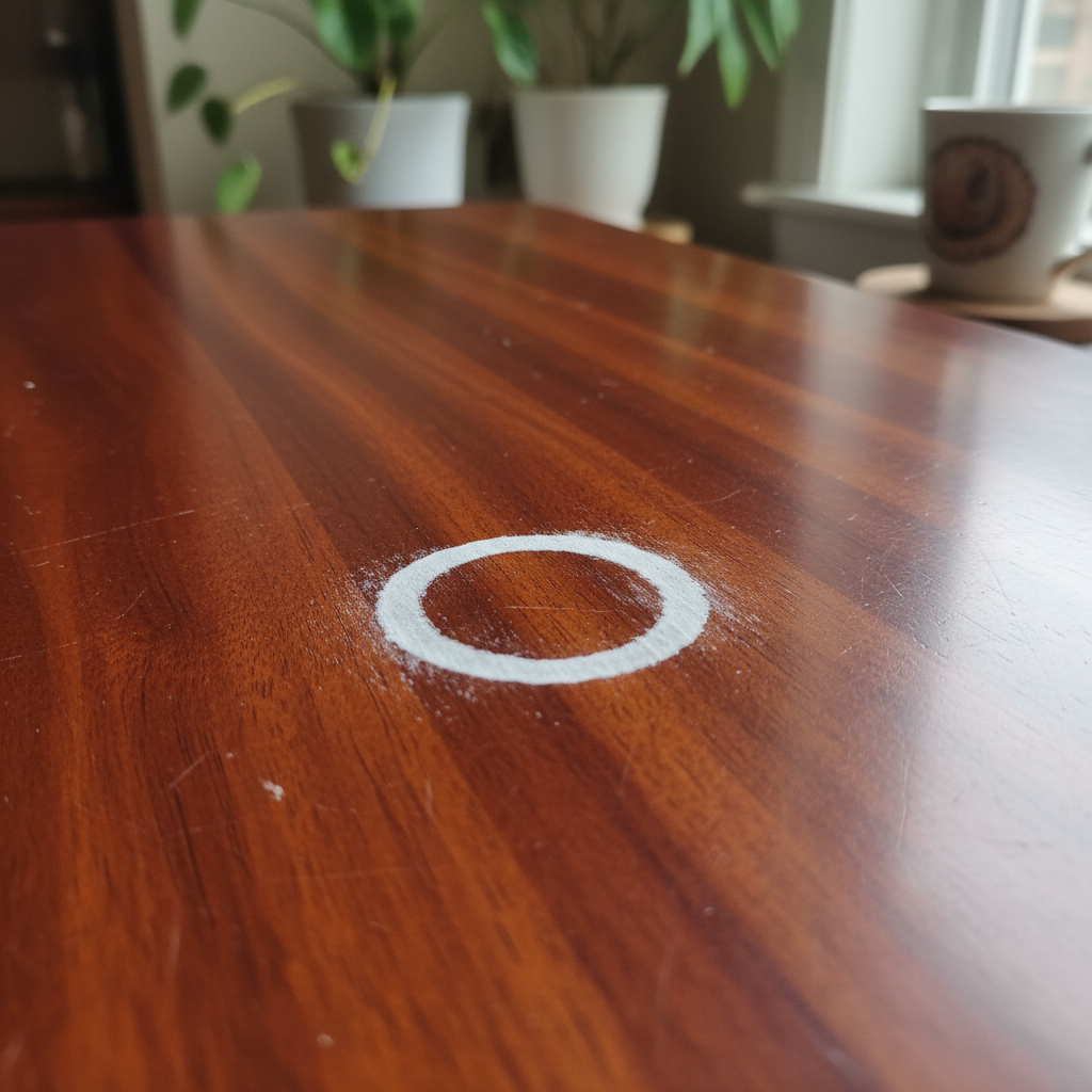 A professional, high-resolution close-up photograph of a polished wooden tabletop, showcasing a distinct, circular white water ring stain. The stain should be prominent and clearly visible against the warm, rich tone of the wood grain, suggesting it was left by a wet glass or cup. The focus should be sharply on the stain and the immediate surrounding wood surface, highlighting the blemish. The background can be slightly blurred, suggesting a home environment but keeping the emphasis purely on the stained wood. The image should convey the common problem addressed by the article.