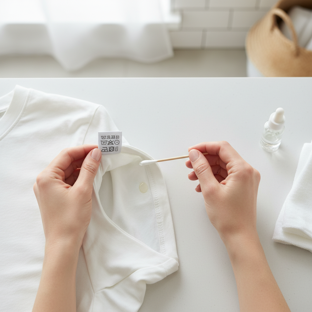 A professional photo from an overhead perspective, showing a person's hands carefully inspecting a care label stitched into a light-colored garment (e.g., a white cotton t-shirt or a silk blouse). Next to it, the same hands are applying a small drop of a clear liquid onto an inconspicuous seam or hem of the garment with a cotton swab, testing for colorfastness. The background should be clean and bright, suggesting a home laundry setting, emphasizing careful preparation and attention to detail.
